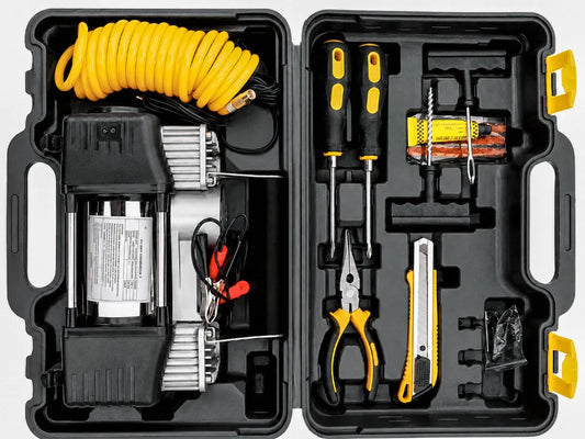 12V Double Cylinder Car Air Compressor & Portable Electric Tire Inflator Repair Kit