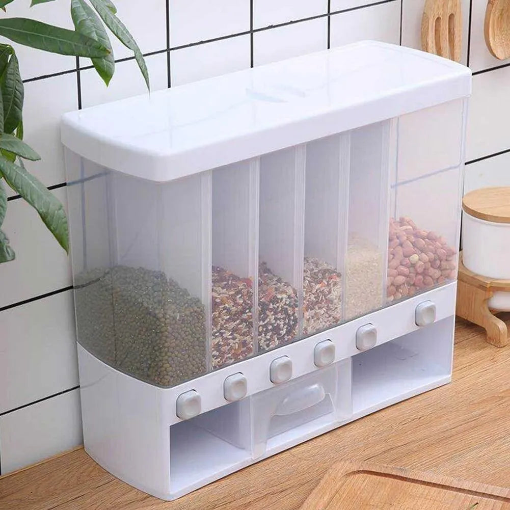 6 Grid Kitchen Dry Food Dispenser Beans, Grain, Rice And Cereals Sealed Storage Tank | Wall Mounted(random Color )