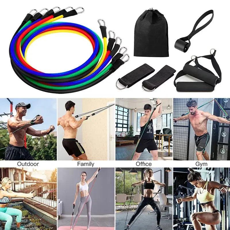 11 Pcs Set High Quality Portable Resistance Bands With Handles, Resistance Tubes & Workout Bands Elastic Pull Rope