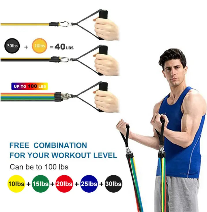 11 Pcs Set High Quality Portable Resistance Bands With Handles, Resistance Tubes & Workout Bands Elastic Pull Rope