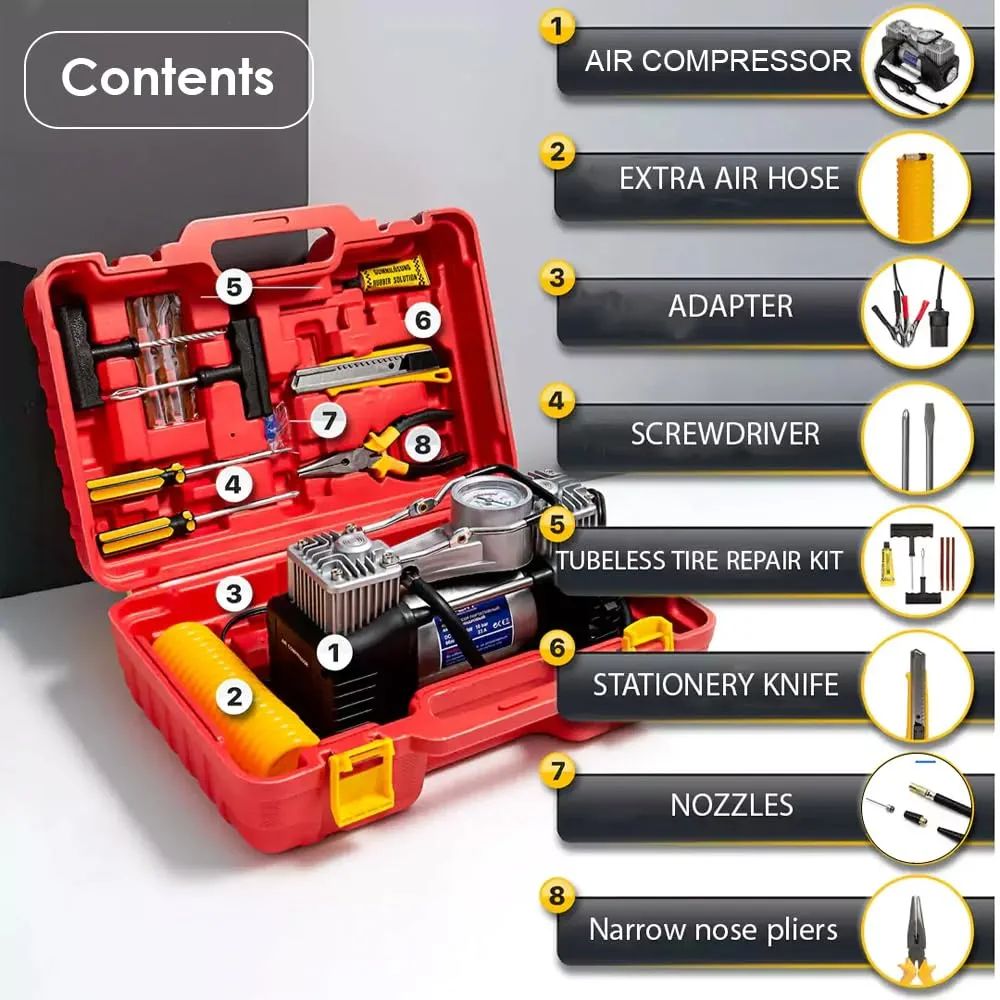 12V Double Cylinder Car Air Compressor & Portable Electric Tire Inflator Repair Kit