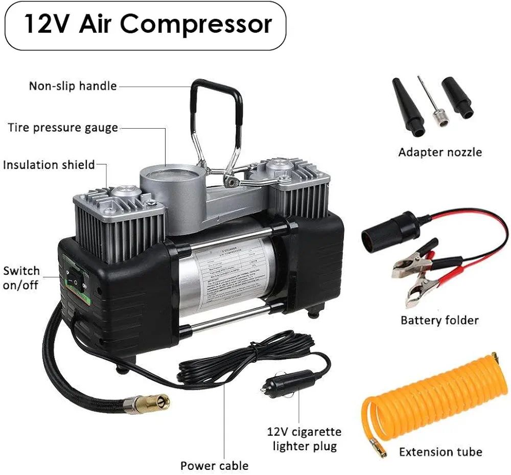12V Double Cylinder Car Air Compressor & Portable Electric Tire Inflator Repair Kit