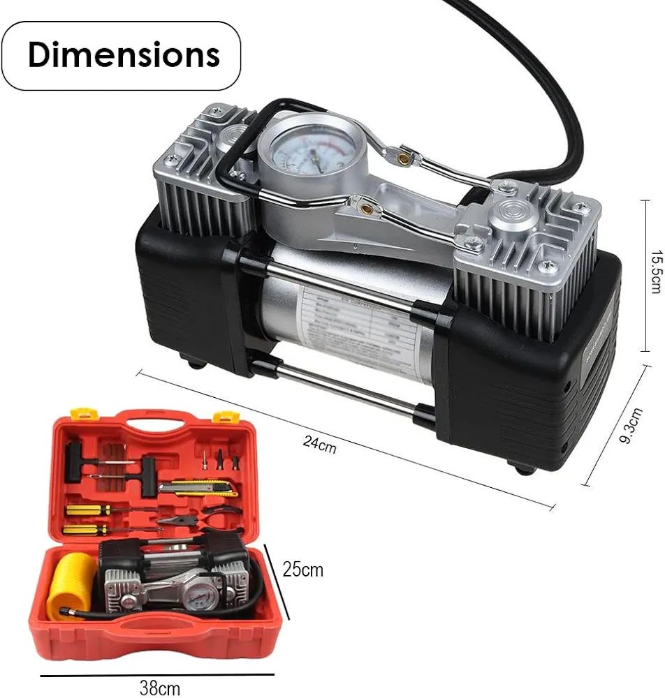 12V Double Cylinder Car Air Compressor & Portable Electric Tire Inflator Repair Kit