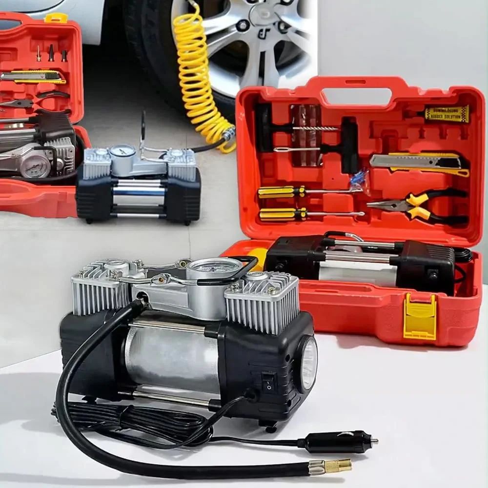 12V Double Cylinder Car Air Compressor & Portable Electric Tire Inflator Repair Kit