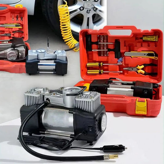 12V Double Cylinder Car Air Compressor & Portable Electric Tire Inflator Repair Kit