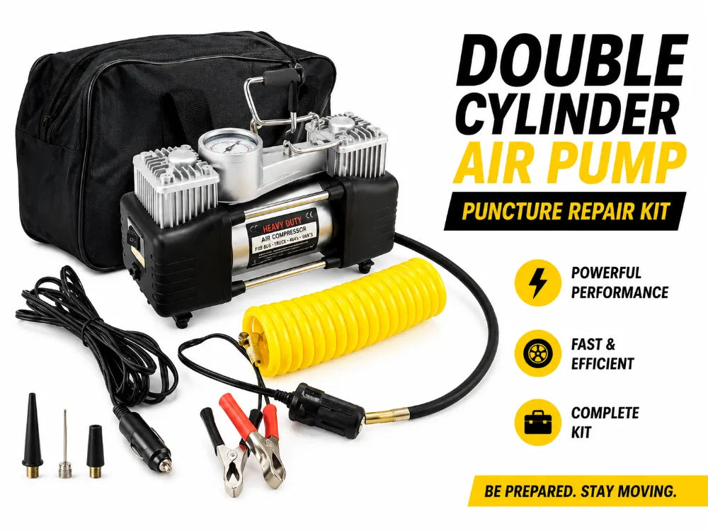 12V Double Cylinder Car Air Compressor & Portable Electric Tire Inflator Repair Kit